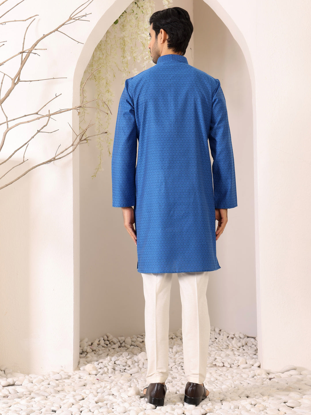 Royal Blue Self Design Woven Jacquard Cotton Straight Kurta