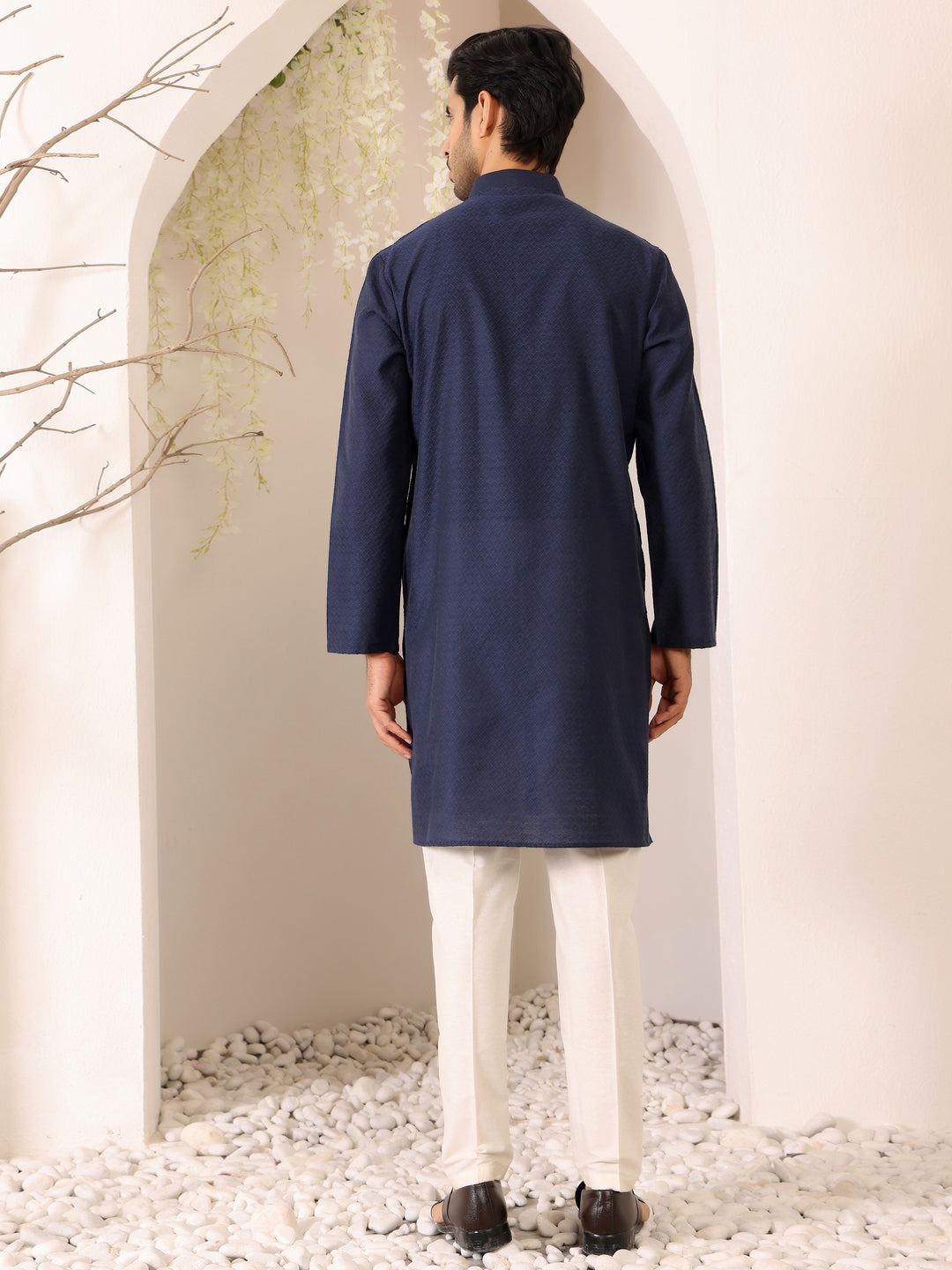 Midnight Blue self Design Woven Jacquard Cotton Straight Kurta