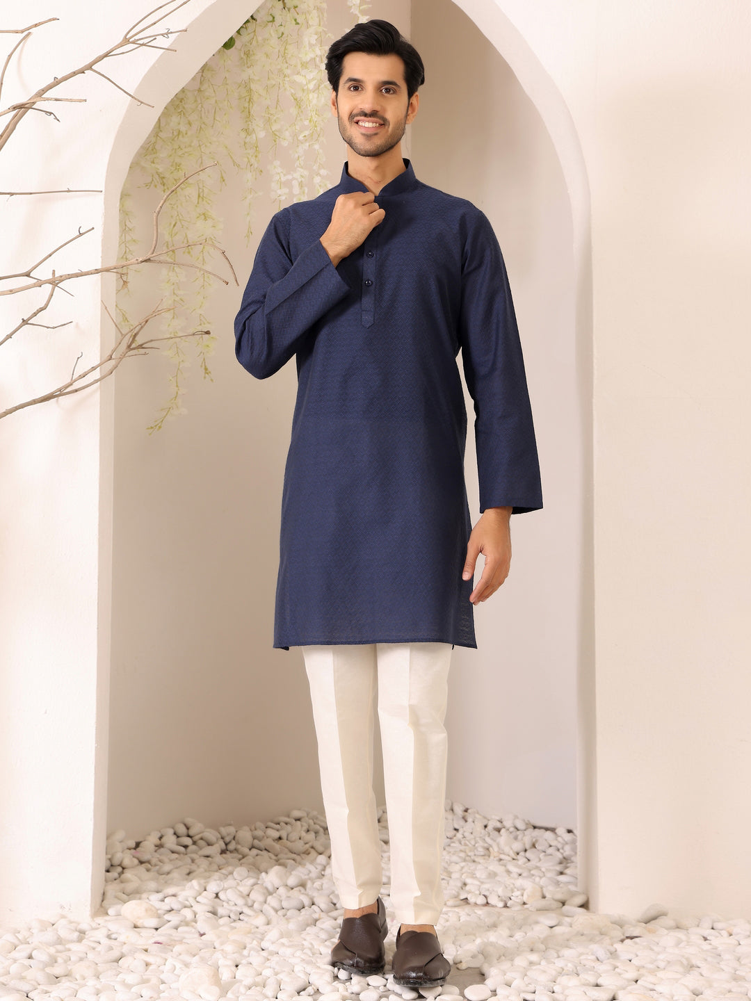 Midnight Blue self Design Woven Jacquard Cotton Straight Kurta