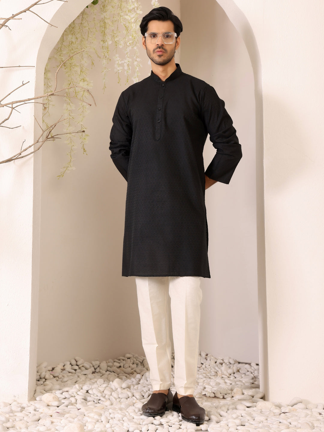 Charcoal Black Self Design Woven Jacquard Cotton Straight Kurta