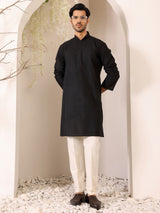 Charcoal Black Self Design Woven Jacquard Cotton Straight Kurta
