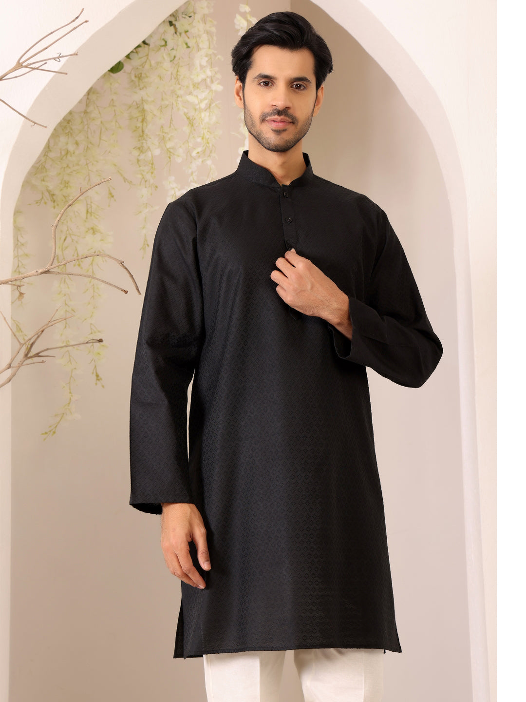 Charcoal Black Self Design Woven Jacquard Cotton Straight Kurta
