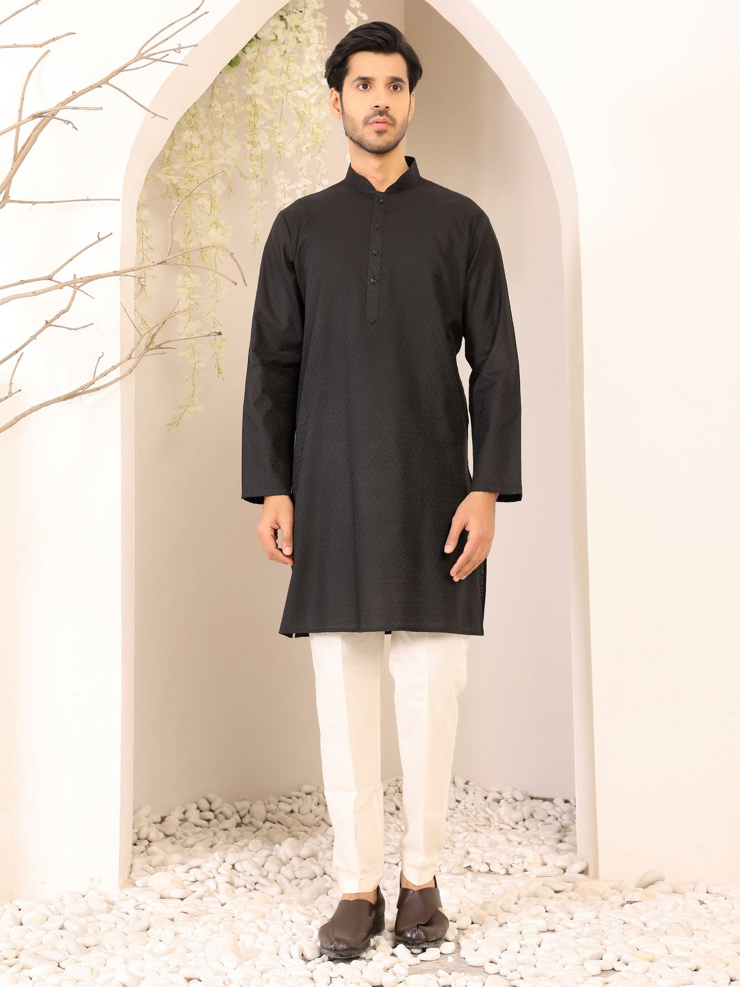 Charcoal Black Self Design Woven Jacquard Cotton Straight Kurta