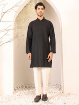 Charcoal Black Self Design Woven Jacquard Cotton Straight Kurta