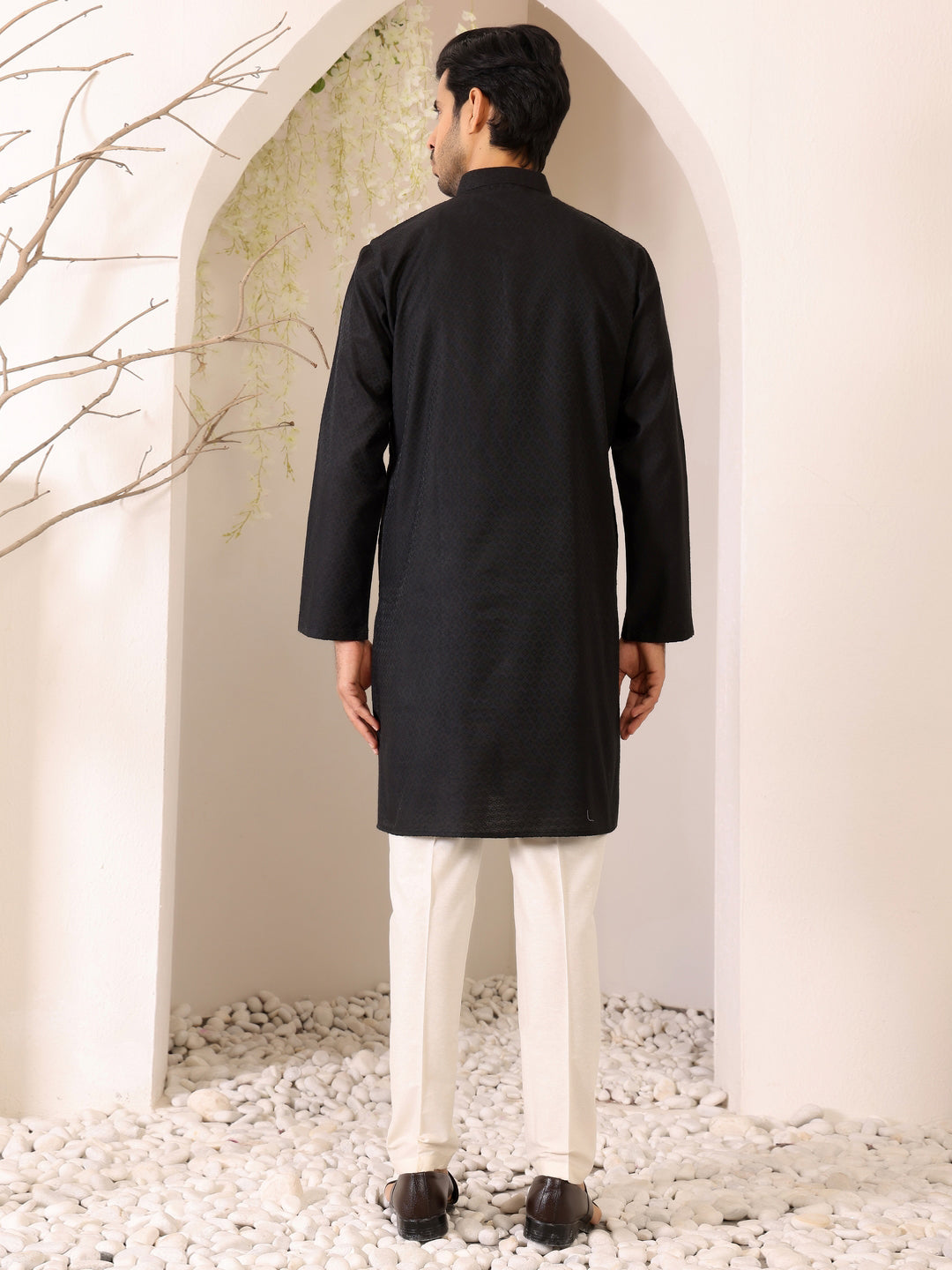 Charcoal Black Self Design Woven Jacquard Cotton Straight Kurta