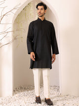 Charcoal Black Self Design Woven Jacquard Cotton Straight Kurta