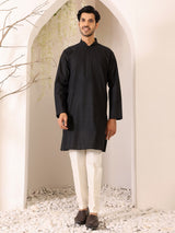 Charcoal Black Self Design Woven Jacquard Cotton Straight Kurta