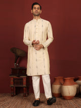 Beige Woven Jacquard Delux Cotton Straight Kurta