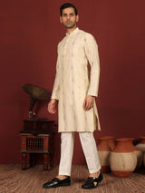 Beige Woven Jacquard Delux Cotton Straight Kurta