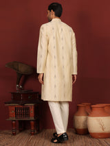 Beige Woven Jacquard Delux Cotton Straight Kurta