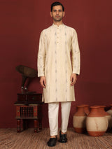 Beige Woven Jacquard Delux Cotton Straight Kurta