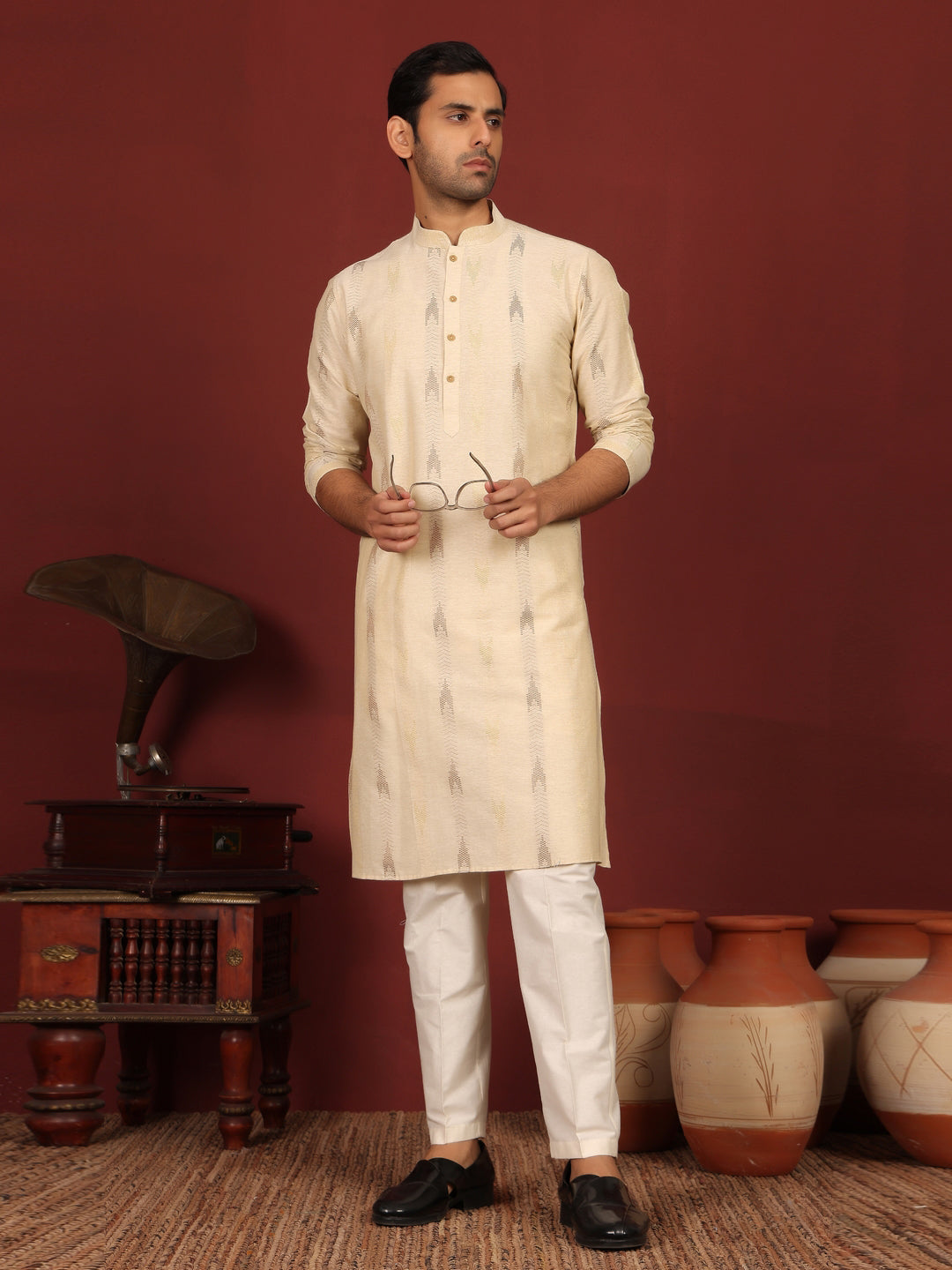 Beige Woven Jacquard Delux Cotton Straight Kurta