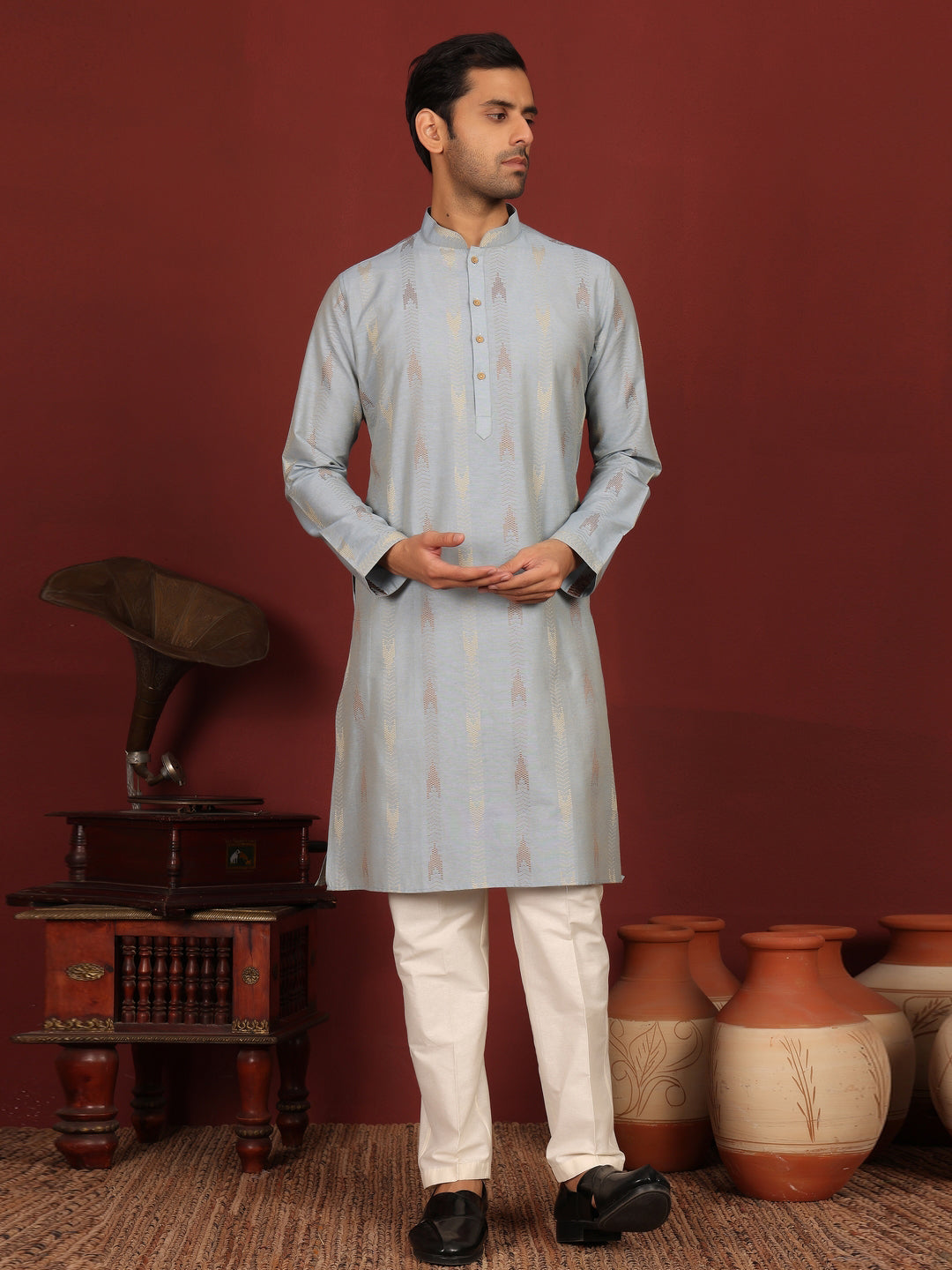Greyish Blue Woven Jacquard Delux Cotton Straight Kurta