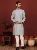 Greyish Blue Woven Jacquard Delux Cotton Straight Kurta
