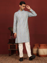 Greyish Blue Woven Jacquard Delux Cotton Straight Kurta