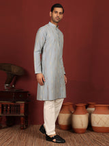Greyish Blue Woven Jacquard Delux Cotton Straight Kurta