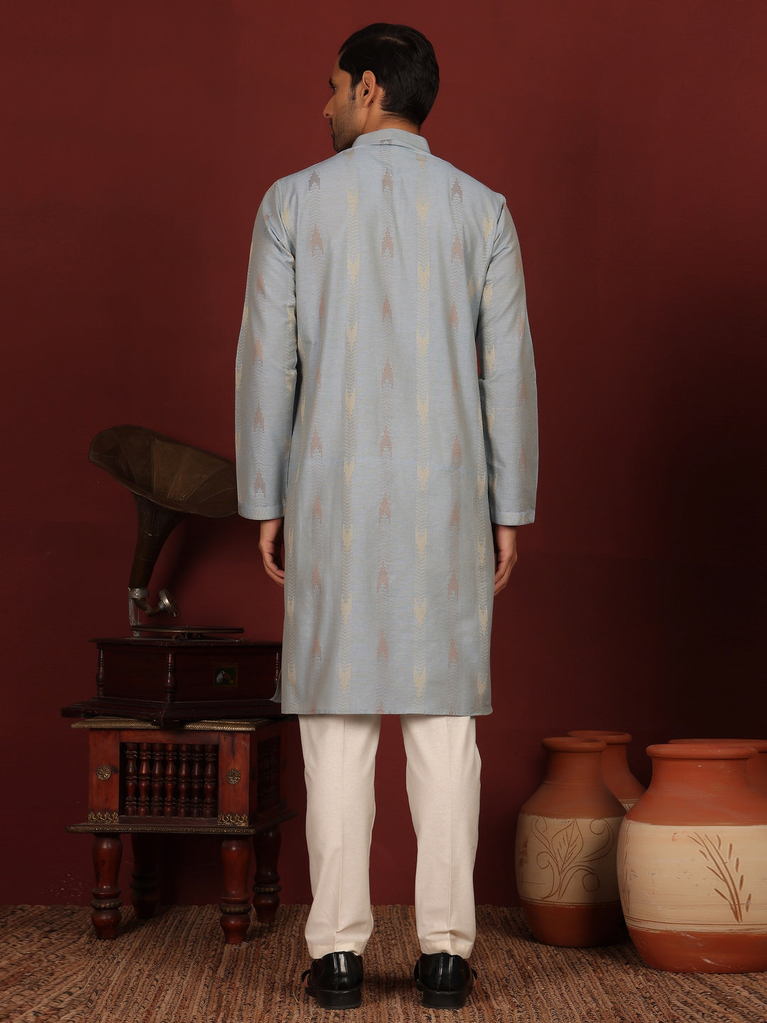 Greyish Blue Woven Jacquard Delux Cotton Straight Kurta