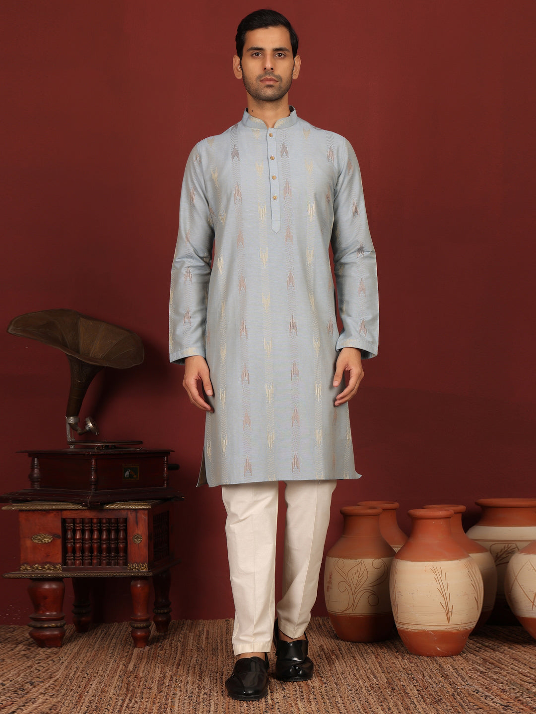 Greyish Blue Woven Jacquard Delux Cotton Straight Kurta