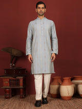 Greyish Blue Woven Jacquard Delux Cotton Straight Kurta
