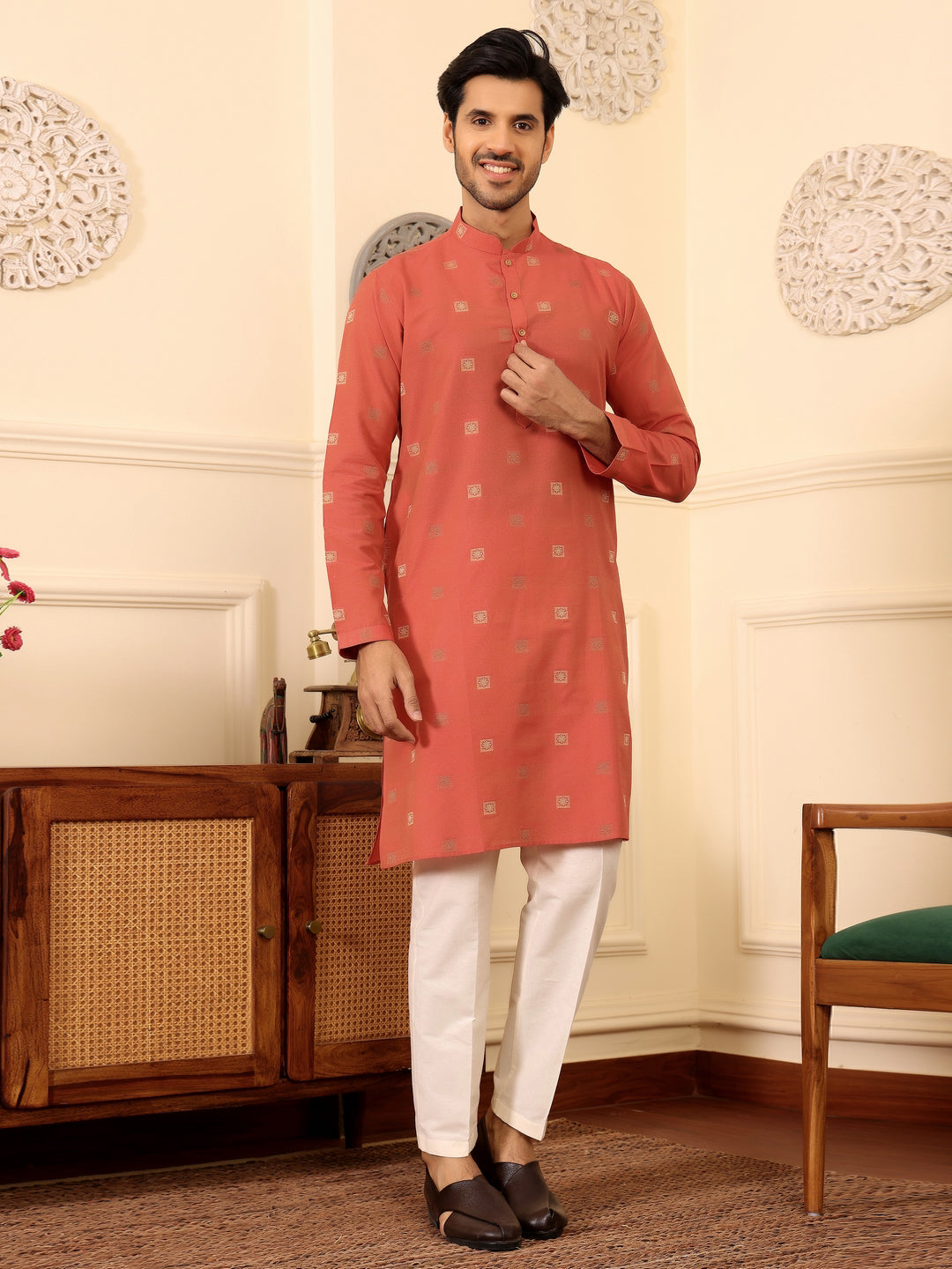 Carrot Red Woven Jacquard Delux Cotton Straight Kurta