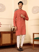 Carrot Red Woven Jacquard Delux Cotton Straight Kurta