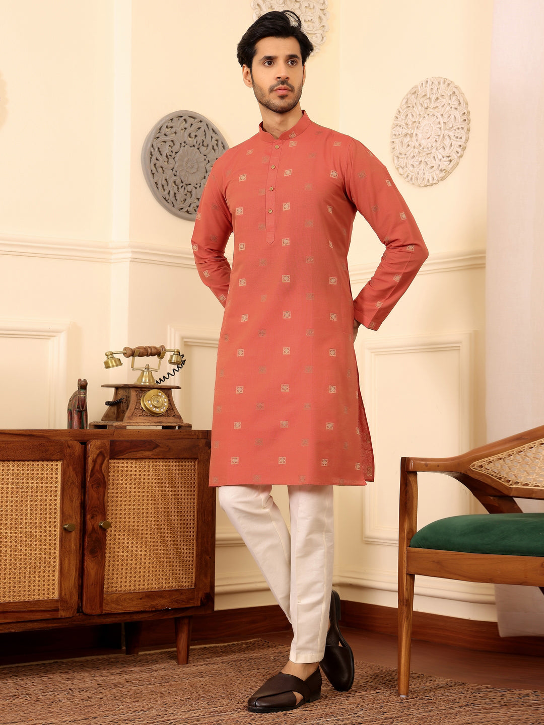 Carrot Red Woven Jacquard Delux Cotton Straight Kurta