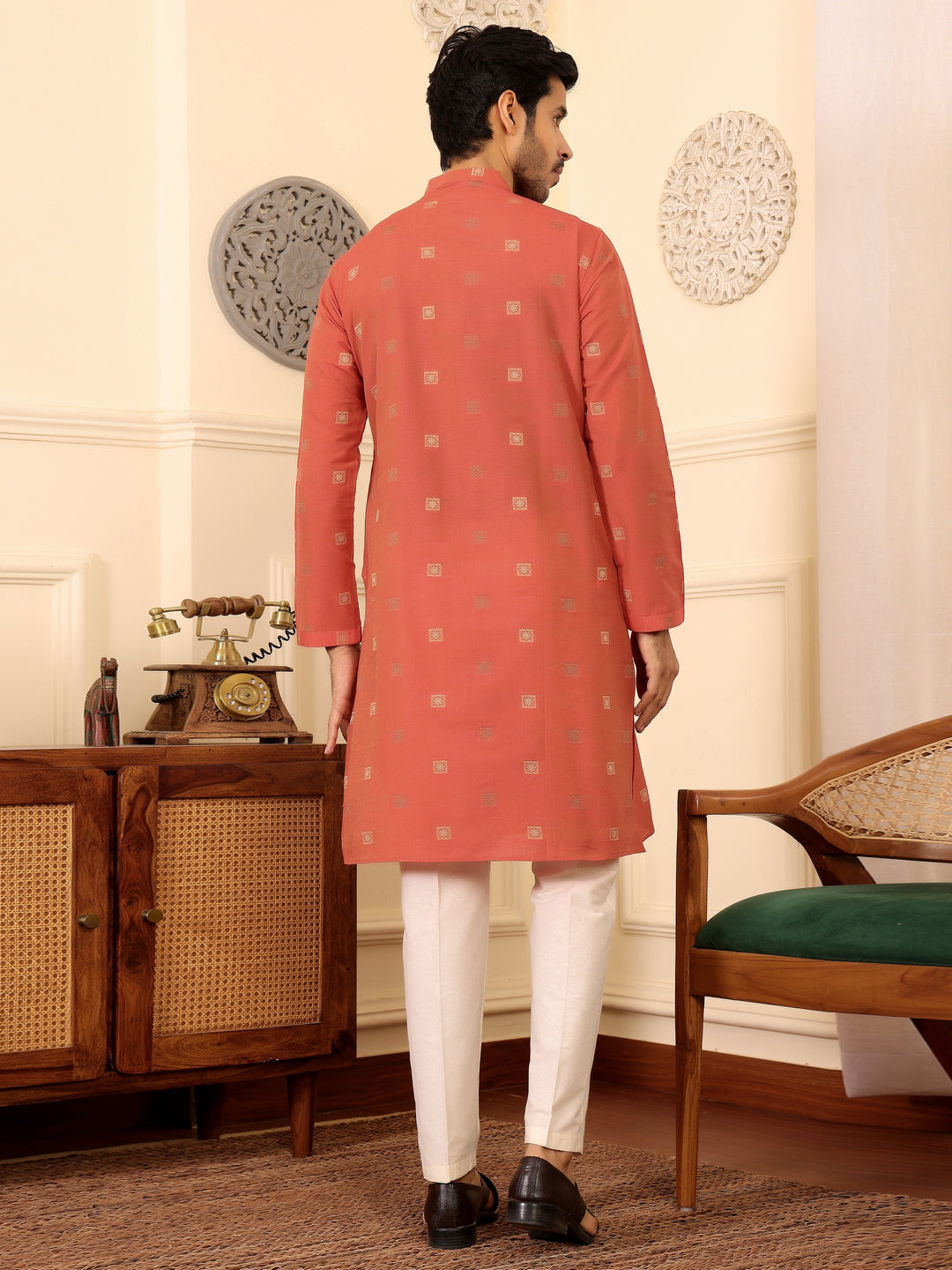 Carrot Red Woven Jacquard Delux Cotton Straight Kurta