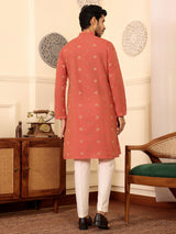 Carrot Red Woven Jacquard Delux Cotton Straight Kurta