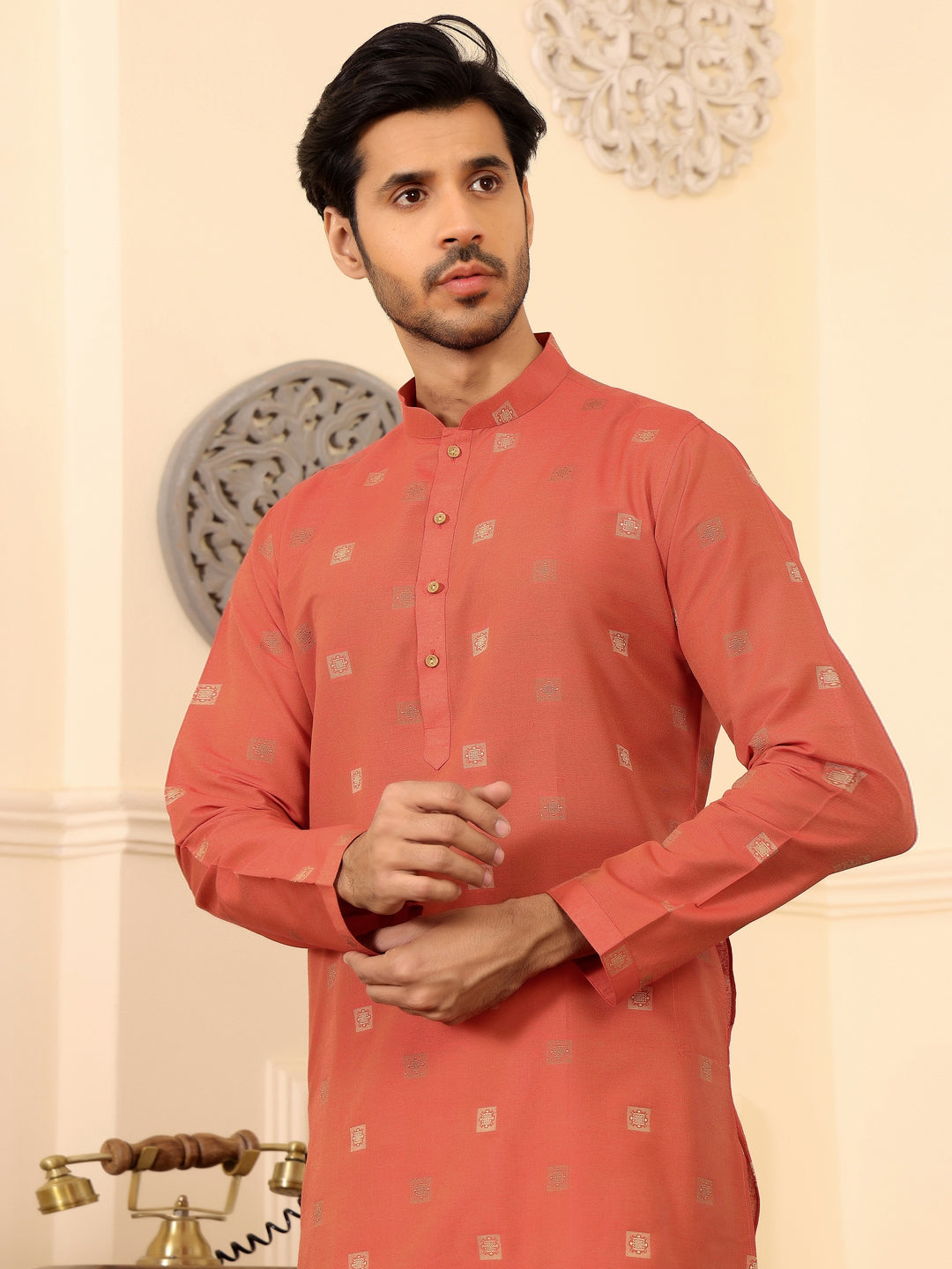 Carrot Red Woven Jacquard Delux Cotton Straight Kurta