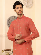 Carrot Red Woven Jacquard Delux Cotton Straight Kurta