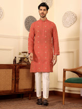 Carrot Red Woven Jacquard Delux Cotton Straight Kurta