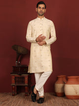 Beige Woven Jacquard Square Motif Delux Cotton Straight Kurta