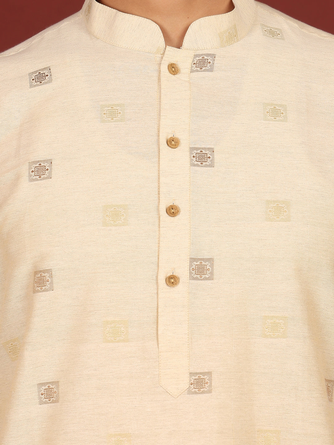 Beige Woven Jacquard Square Motif Delux Cotton Straight Kurta