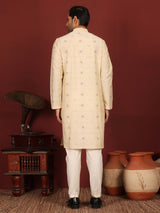 Beige Woven Jacquard Square Motif Delux Cotton Straight Kurta