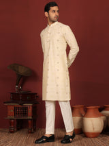 Beige Woven Jacquard Square Motif Delux Cotton Straight Kurta