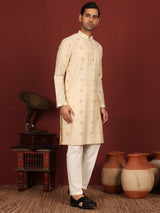 Beige Woven Jacquard Square Motif Delux Cotton Straight Kurta