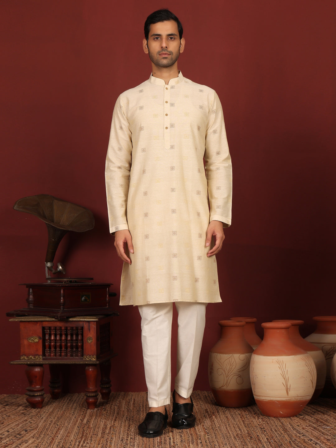 Beige Woven Jacquard Square Motif Delux Cotton Straight Kurta
