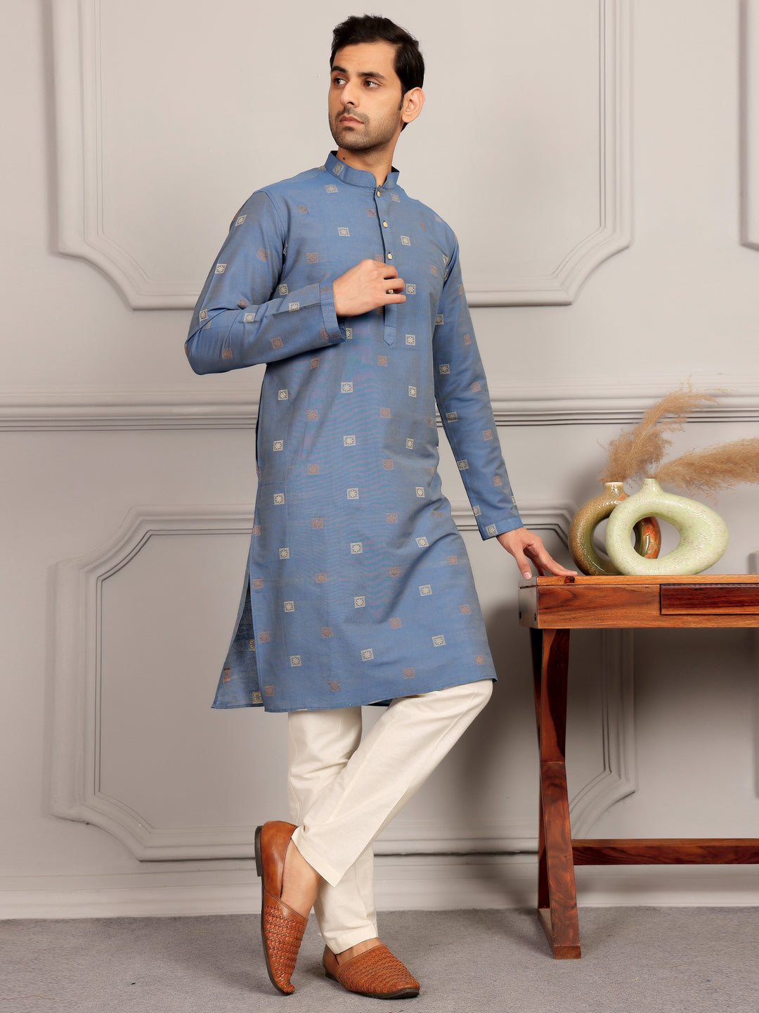 Dusty Blue-Grey Woven Jacquard Delux Cotton Straight Kurta