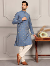 Dusty Blue-Grey Woven Jacquard Delux Cotton Straight Kurta