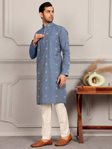 Dusty Blue-Grey Woven Jacquard Delux Cotton Straight Kurta