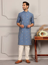 Dusty Blue-Grey Woven Jacquard Delux Cotton Straight Kurta