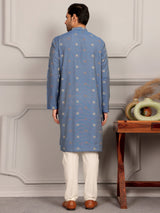 Dusty Blue-Grey Woven Jacquard Delux Cotton Straight Kurta