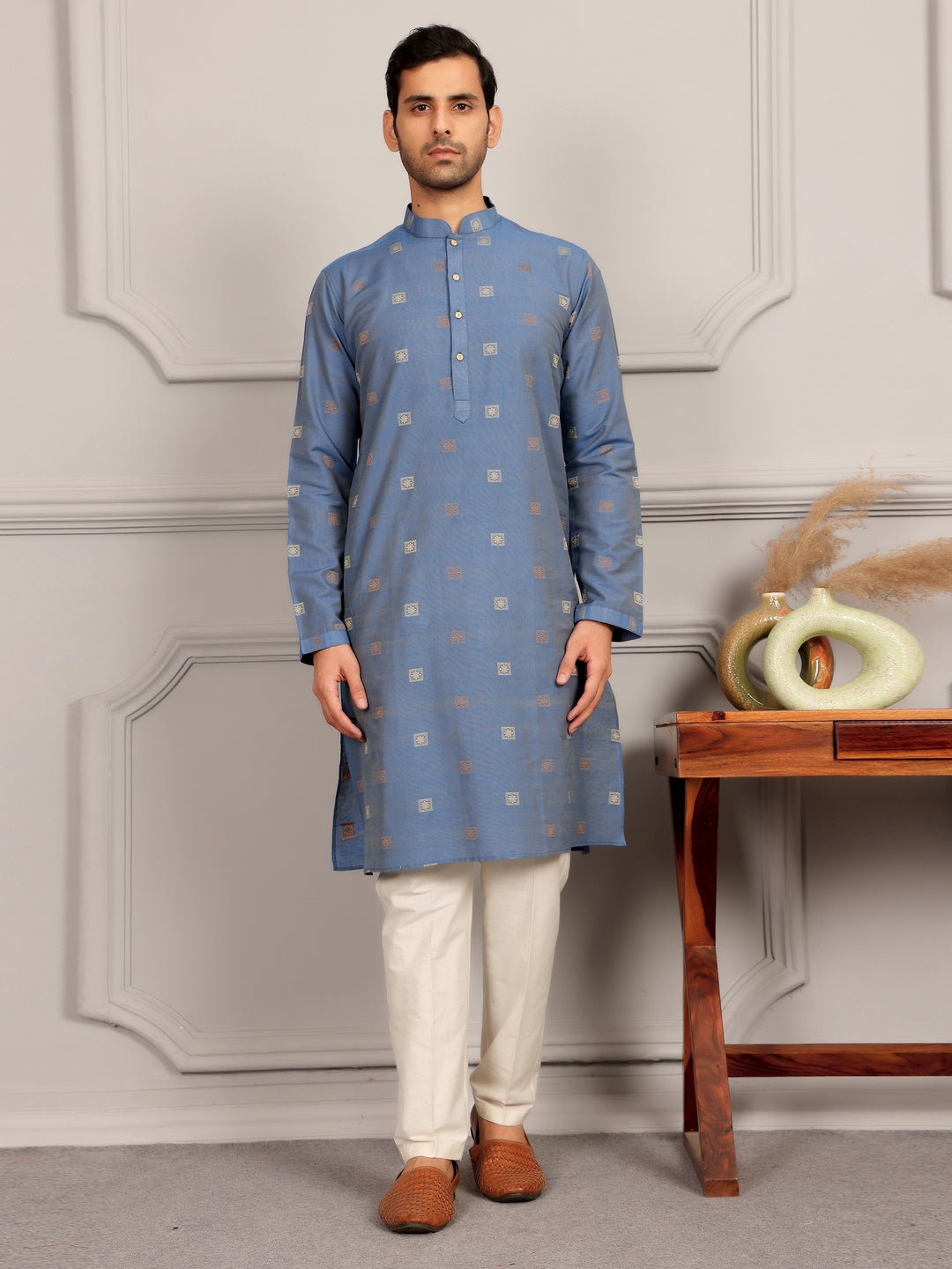 Dusty Blue-Grey Woven Jacquard Delux Cotton Straight Kurta