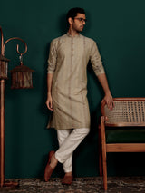 Dark Grey Woven Jacquard Delux Cotton Straight Kurta