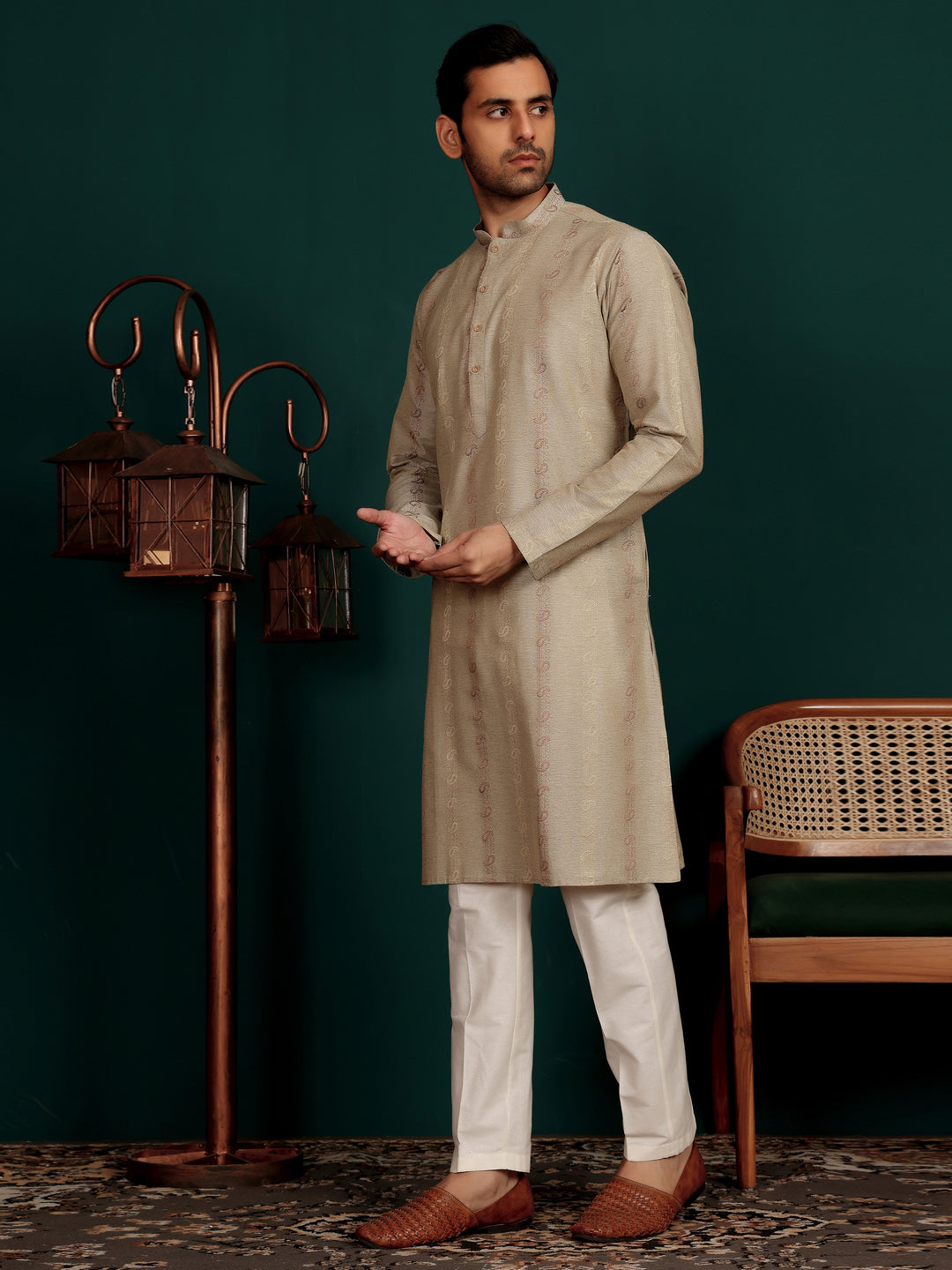Dark Grey Woven Jacquard Delux Cotton Straight Kurta