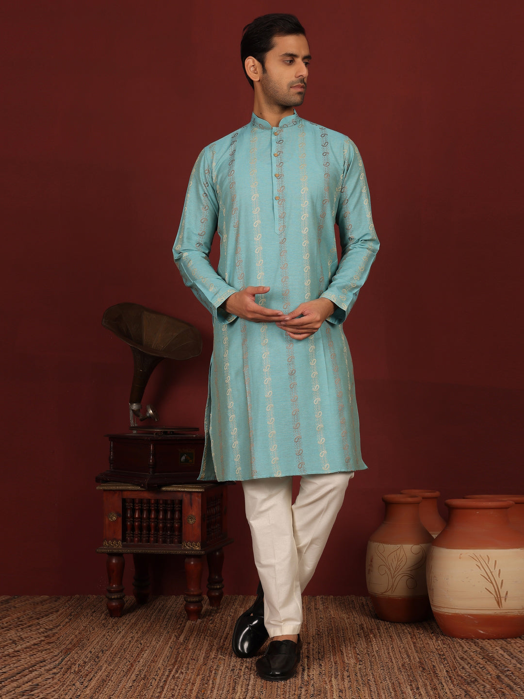 Blue Woven Jacquard Delux Cotton Straight Kurta