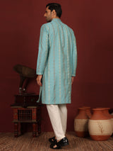 Blue Woven Jacquard Delux Cotton Straight Kurta
