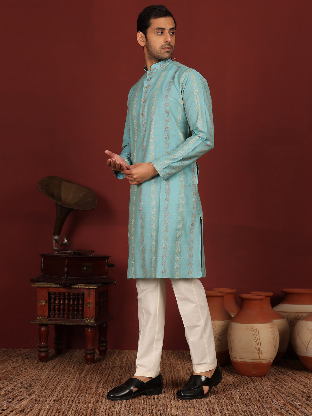 Blue Woven Jacquard Delux Cotton Straight Kurta
