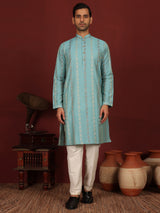 Blue Woven Jacquard Delux Cotton Straight Kurta