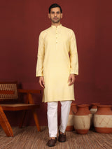 Yellow-Cream Woven Jacquard Delux Cotton Straight Kurta